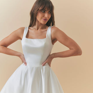 Charlotte Mills Celeste Ivory Duchess Satin Skater Dress with Pearl Trim Neckline
