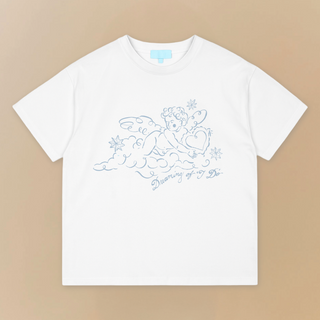 White t-shirt with blue cherub design on a beige background