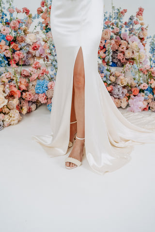 pearl embellished ivory leather block heel wedding shoes
