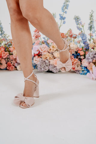 blush pink suede block heel wedding shoes