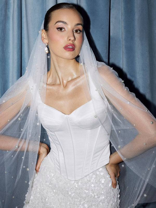 CHARLOTTE MILLS AMELIE - Ivory Pearl Embellished Fingertip Length Veil