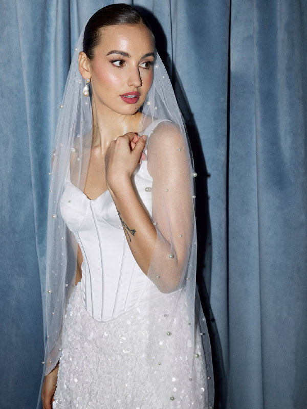 CHARLOTTE MILLS AMELIE - Ivory Pearl Embellished Fingertip Length Veil