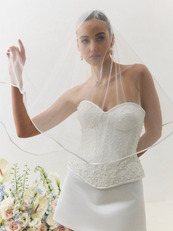 CHARLOTTE MILLS - AUDREY Ivory Satin-bound Fingertip Length Veil With Blusher