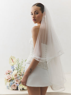 CHARLOTTE MILLS - AUDREY Ivory Satin-bound Fingertip Length Veil With Blusher