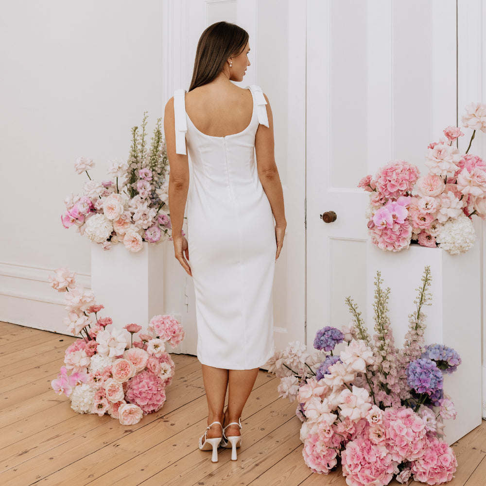 Charlotte Mills Bonita Ivory Bow Shoulder Midi Pencil Dress with Split