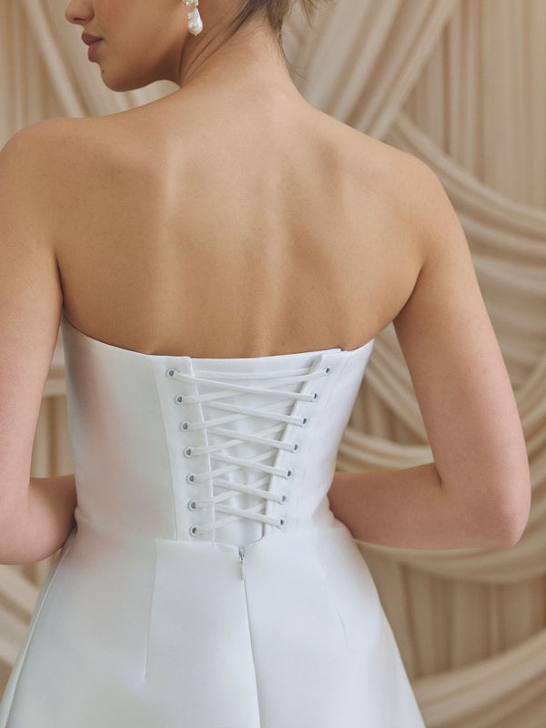 CHARLOTTE MILLS CALLIE - Corseted sweetheart ivory mikado mini dress.