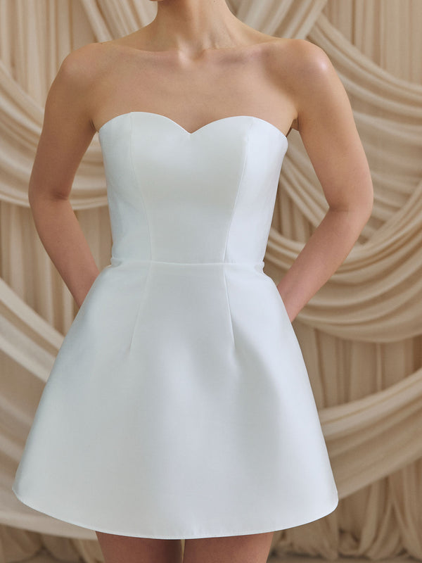 CHARLOTTE MILLS CALLIE - Corseted sweetheart ivory mikado mini dress.