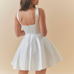 Charlotte Mills Celeste Ivory Duchess Satin Skater Dress with Pearl Trim Neckline