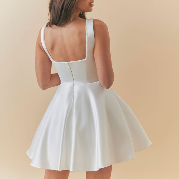 Charlotte Mills Celeste Ivory Duchess Satin Skater Dress with Pearl Trim Neckline
