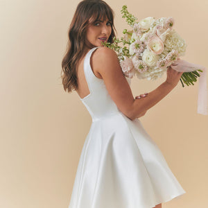 Charlotte Mills Celeste Ivory Duchess Satin Skater Dress with Pearl Trim Neckline