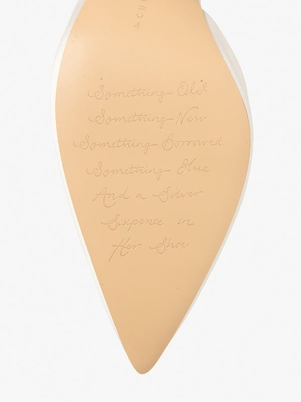 Charlotte Mills signature embossed sole with traditional bridal rhyme