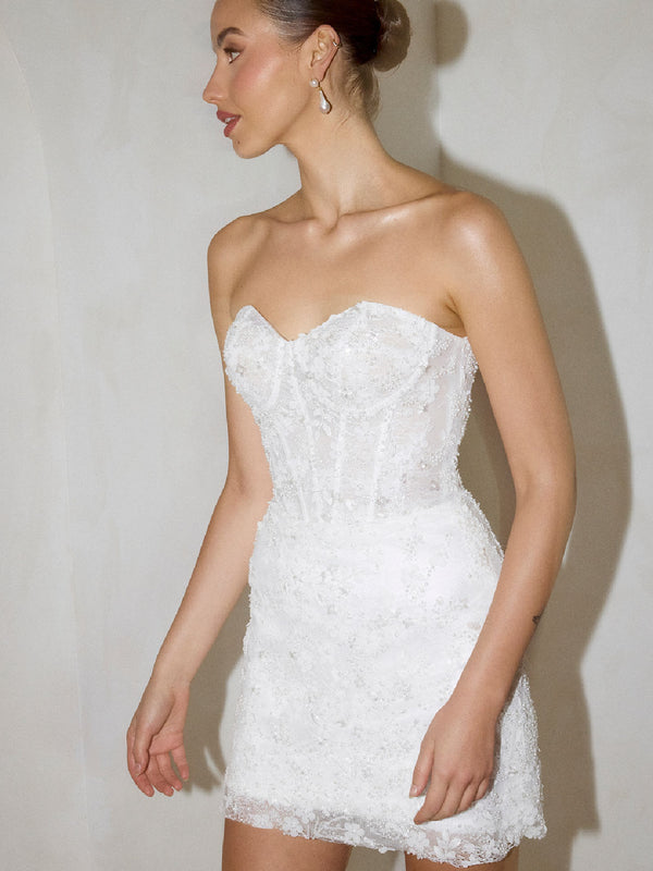 CHARLOTTE MILLS DAHLIA - Ivory Strapless Embellished Bridal Mini Dress