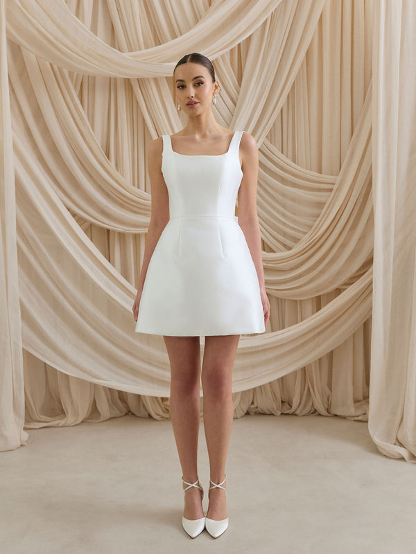 CHARLOTTE MILLS DAISY - Ivory Square Neck Bow Back Bridal Mini Dress