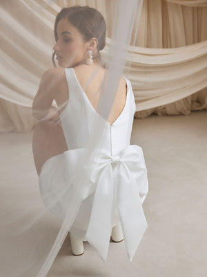 CHARLOTTE MILLS DAISY - Ivory Square Neck Bow Back Bridal Mini Dress