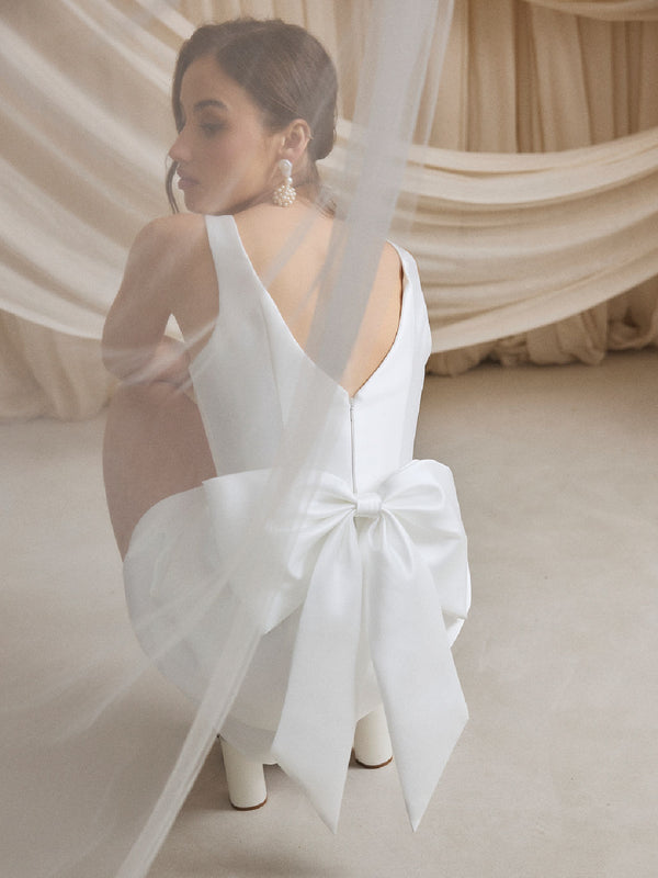 CHARLOTTE MILLS DAISY - Ivory Square Neck Bow Back Bridal Mini Dress