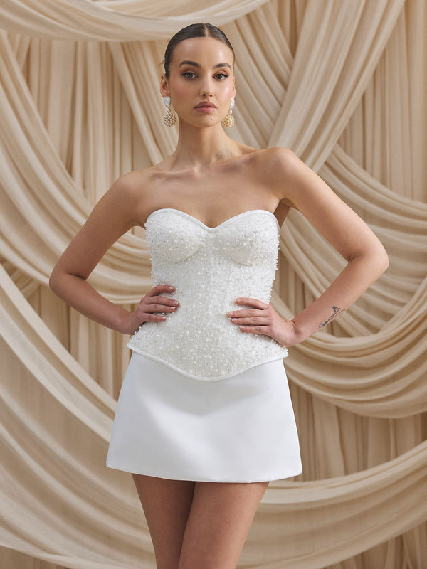 CHARLOTTE MILLS DAPHNE - Ivory Satin A-line Mini Skirt