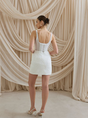 CHARLOTTE MILLS DELPHINE - Ivory Embellished Square Neck Bridal Mini Dress