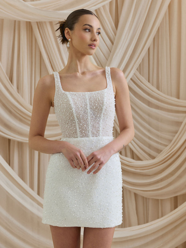 CHARLOTTE MILLS DELPHINE - Ivory Embellished Square Neck Bridal Mini Dress