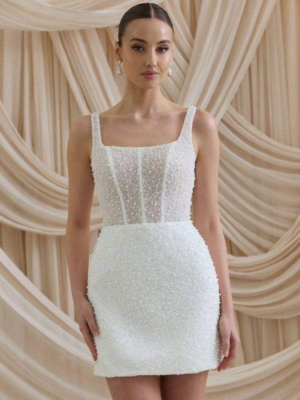 CHARLOTTE MILLS DELPHINE - Ivory Embellished Square Neck Bridal Mini Dress