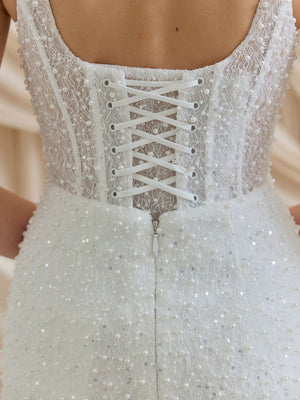 CHARLOTTE MILLS DELPHINE - Ivory Embellished Square Neck Bridal Mini Dress