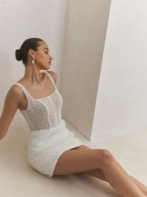 CHARLOTTE MILLS DELPHINE - Ivory Embellished Square Neck Bridal Mini Dress