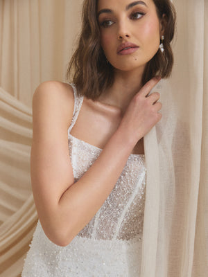 CHARLOTTE MILLS DELPHINE - Ivory Embellished Square Neck Bridal Mini Dress