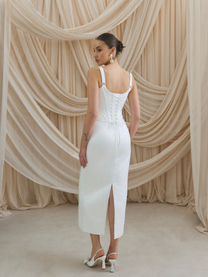 CHARLOTTE MILLS DEMI - Ivory Satin Column Midi Skirt