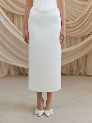 CHARLOTTE MILLS DEMI - Ivory Satin Column Midi Skirt
