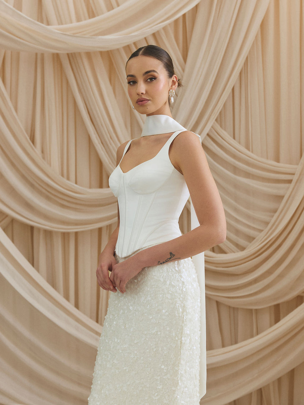 CHARLOTTE MILLS DOVE - Ivory Satin Structured Corset Top