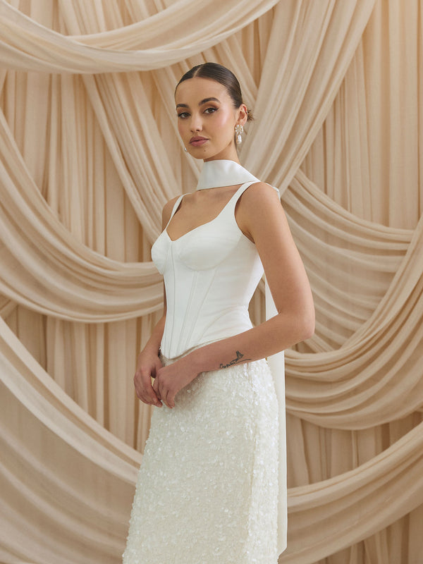 CHARLOTTE MILLS DOVE - Ivory Satin Structured Corset Top