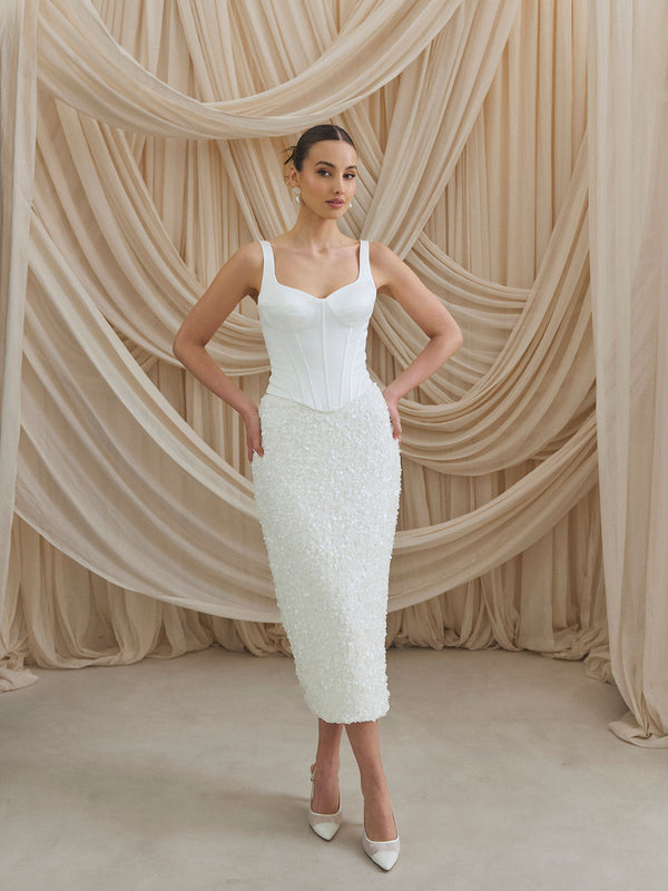 CHARLOTTE MILLS DARIA - Ivory Sequin Midi Skirt