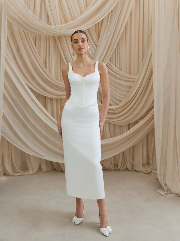 CHARLOTTE MILLS DEMI - Ivory Satin Column Midi Skirt