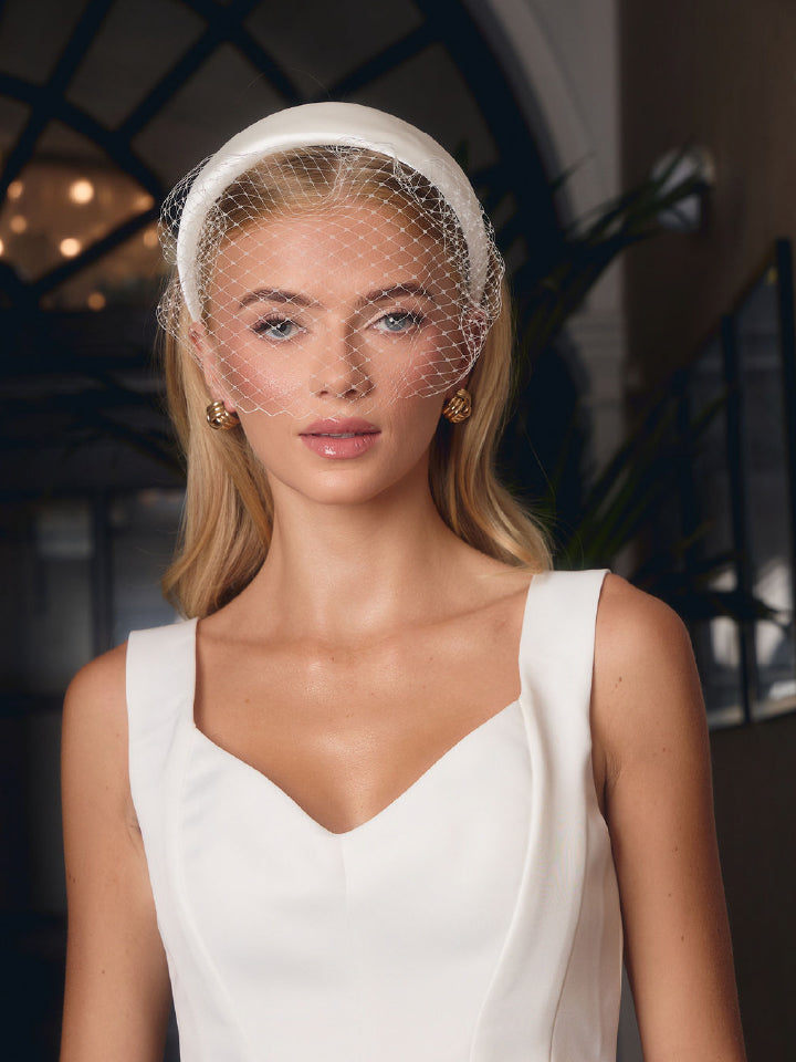 Hallie Satin Headband with Birdcage Veil