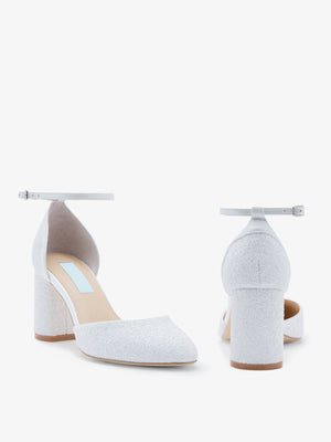 Charlotte Mills Jazzy Pearl Crushed Glitter Two Part Block Heel Bridal Shoe with Ankle Strap