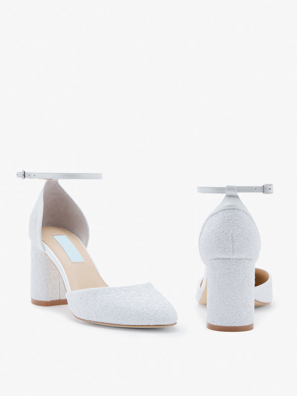 Charlotte Mills Jazzy Pearl Crushed Glitter Two Part Block Heel Bridal Shoe with Ankle Strap