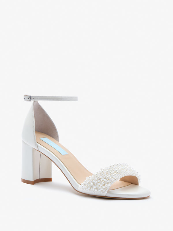 Charlotte Mills Katie Pearl Embellished Two Part Bridal Sandal with Ankle strap and Block Heel