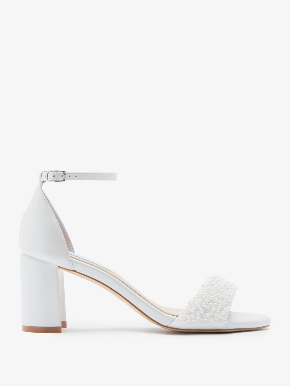 Charlotte Mills Katie Pearl Embellished Two Part Bridal Sandal with Ankle strap and Block Heel