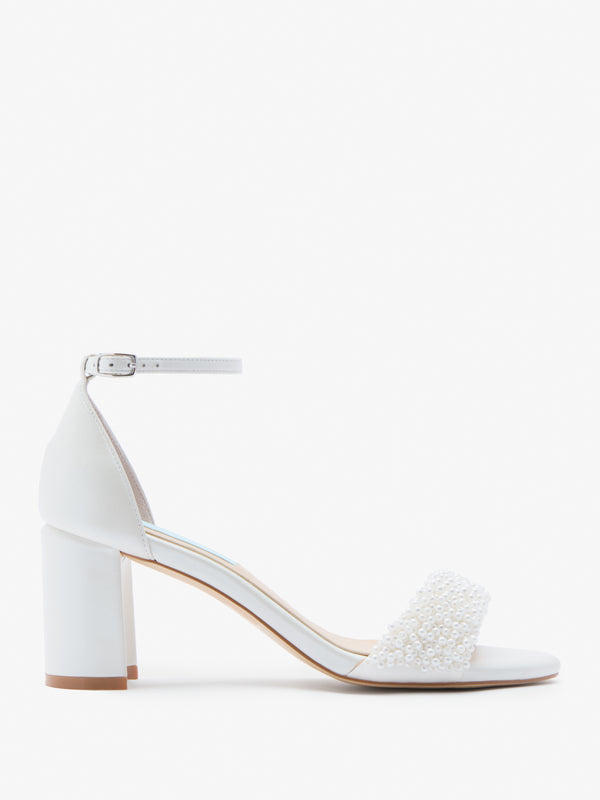 Charlotte Mills Katie Pearl Embellished Two Part Bridal Sandal with Ankle strap and Block Heel