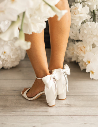 Charlotte Mills x Suzie Bonaldi Satin bow block heel bridal sandal