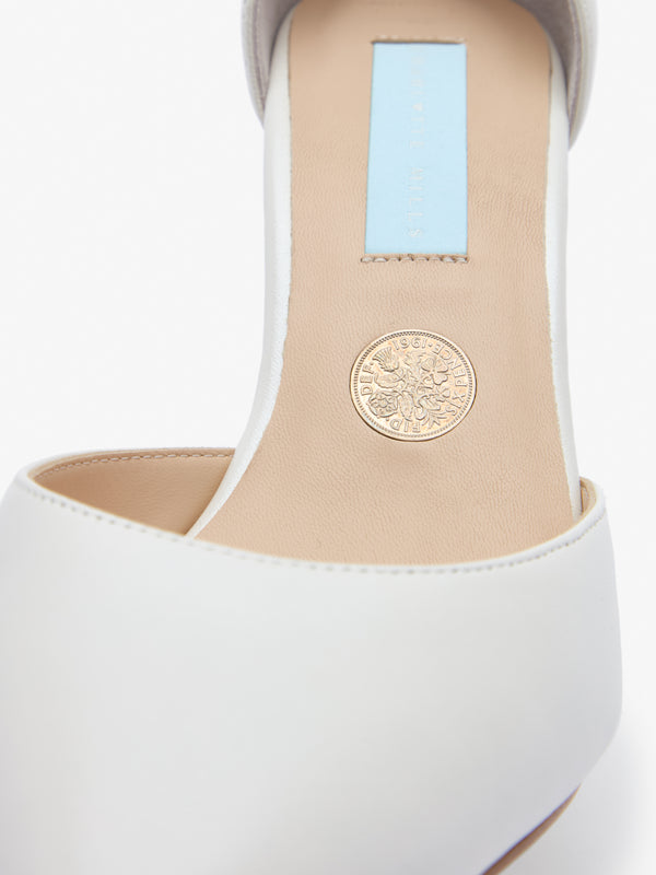 Charlotte Mills London Pearl Leather Two Part Bridal Shoe with Pearl Ankle Straps and Block Heel