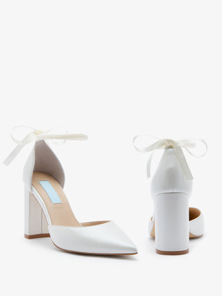 Charlotte Mills London Pearl Leather Two Part Bridal Shoe with Pearl Ankle Straps and Block Heel