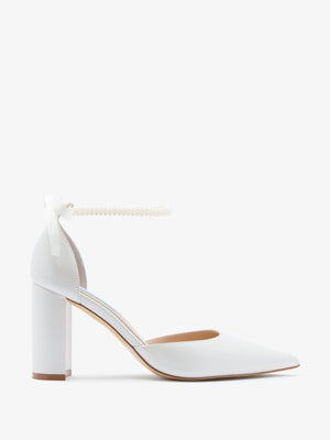 Charlotte Mills London Pearl Leather Two Part Bridal Shoe with Pearl Ankle Straps and Block Heel