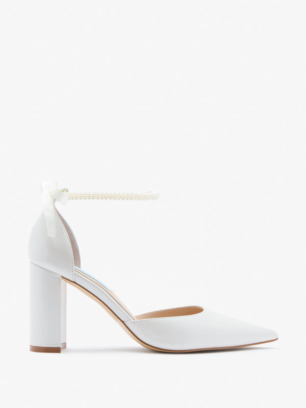 Charlotte Mills London Pearl Leather Two Part Bridal Shoe with Pearl Ankle Straps and Block Heel