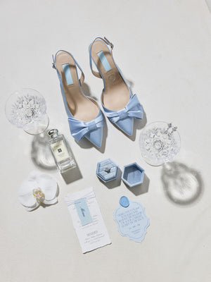 CHARLOTTE MILLS MIA BLUE SATIN POINT TOE BRIDAL SHOES WITH SLINGBACK AND BOW TRIM