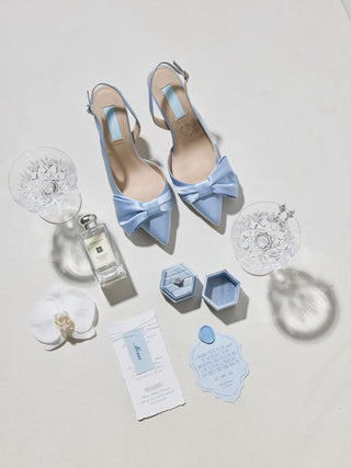 CHARLOTTE MILLS MIA BLUE SATIN POINT TOE BRIDAL SHOES WITH SLINGBACK AND BOW TRIM