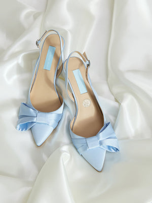 Charlotte Mills Mia Blue Mid Height fluted heel satin slingback with buckle adjustment and asymmetric satin bow detail