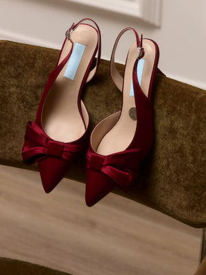 Charlotte Mills Mia Mid Wine Satin Slingback with asymmetric bow detail