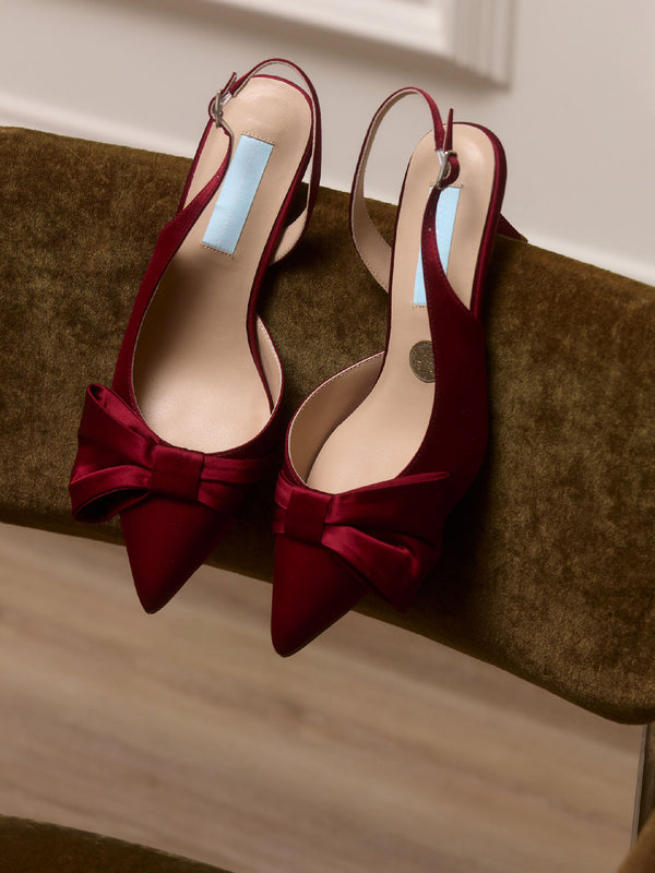 Charlotte Mills Mia Mid Wine Satin Slingback with asymmetric bow detail