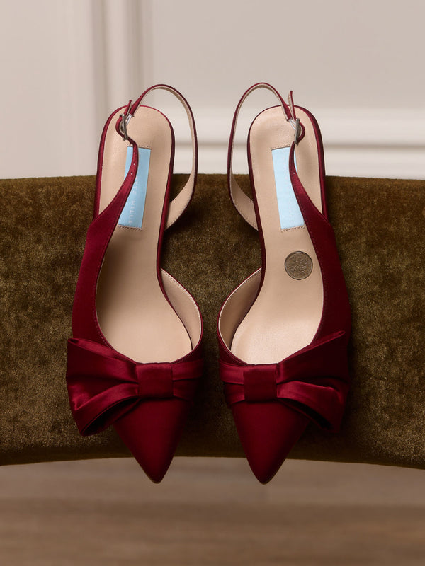Charlotte Mills Mia Mid Wine Satin Slingback with asymmetric bow detail