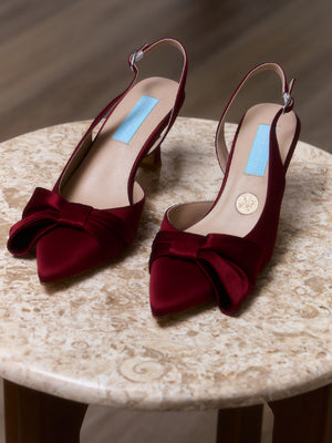 Charlotte Mills Mia Mid Wine Satin Slingback with asymmetric bow detail